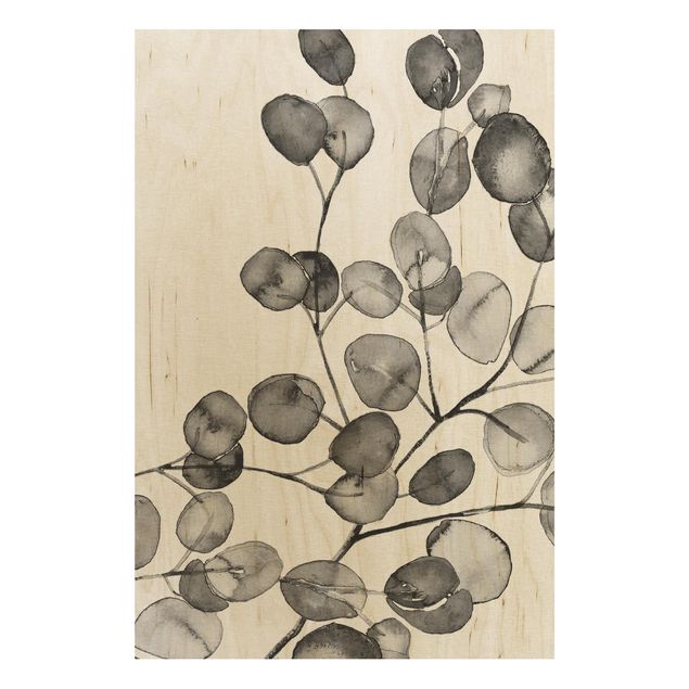 Prints på træ blomster Black And White Eucalyptus Twig Watercolour