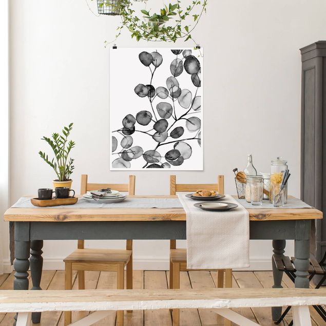Plakater blomster Black And White Eucalyptus Twig Watercolour