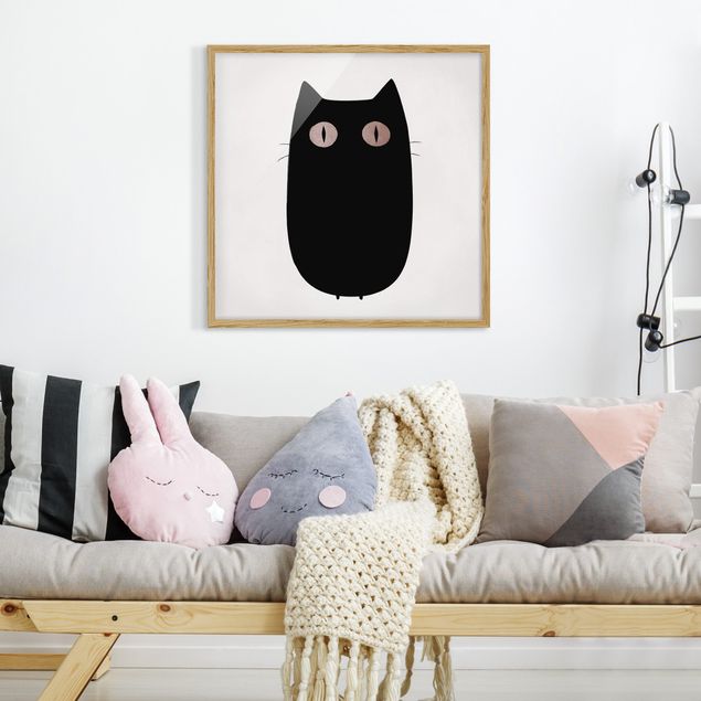 Indrammede plakater sort og hvid Black Cat Illustration
