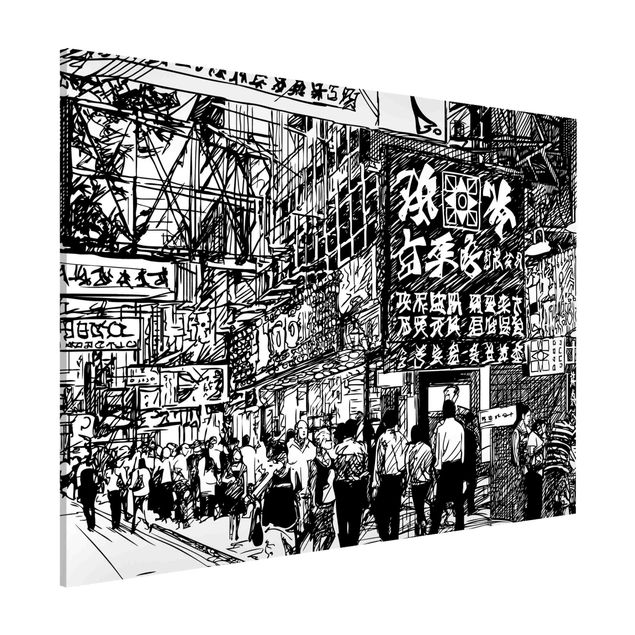 Magnettavler ordsprog Black And White Drawing Asian Street II