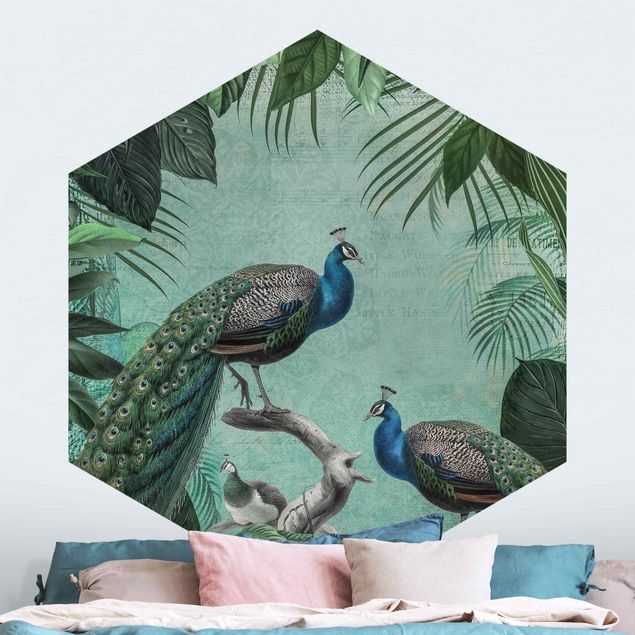 Tapet med fugle Shabby Chic Collage - Noble Peacock