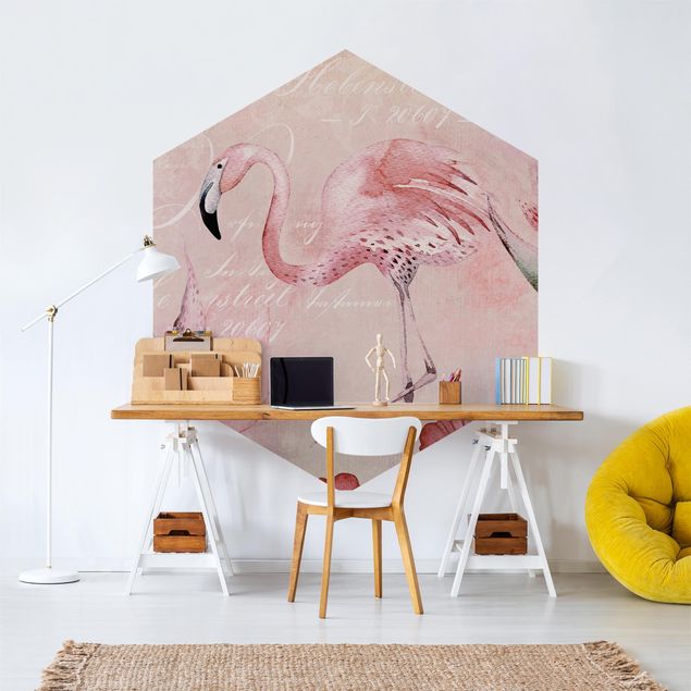 Tapet fugle Shabby Chic Collage - Flamingo