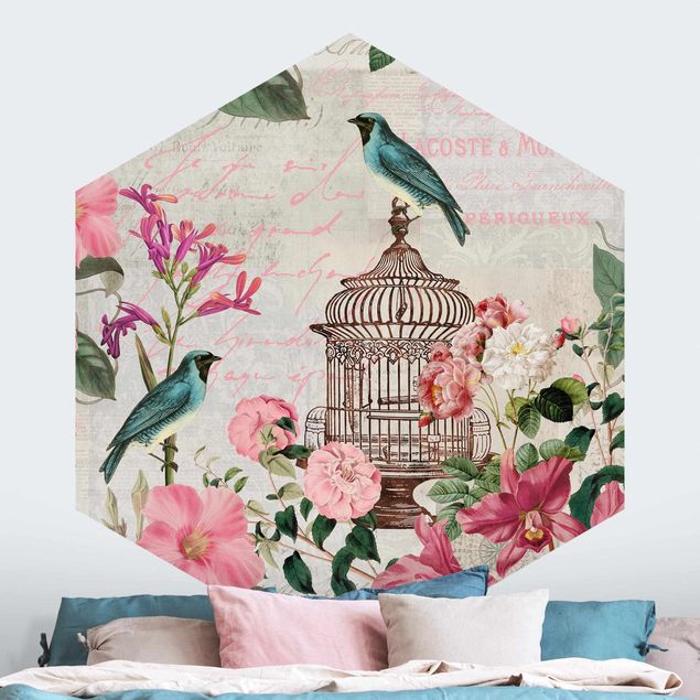 Tapet fugle Shabby Chic Collage - Pink Flowers And Blue Birds