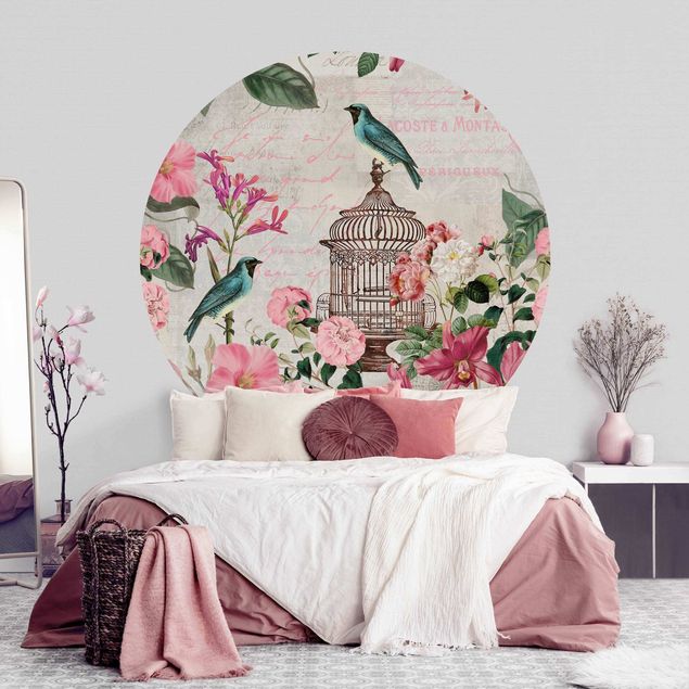 køkken dekorationer Shabby Chic Collage - Pink Flowers And Blue Birds