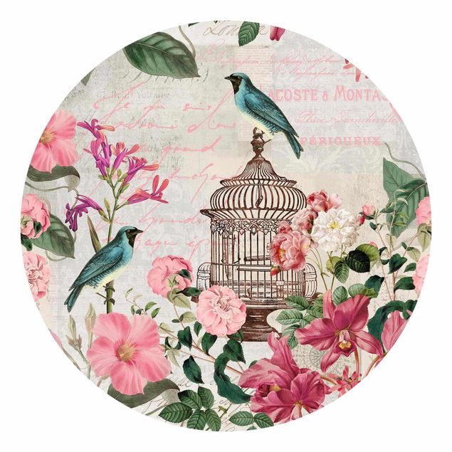 Landlig tapet Shabby Chic Collage - Pink Flowers And Blue Birds
