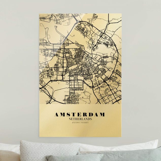 Glasbilleder sort og hvid Amsterdam City Map - Classic