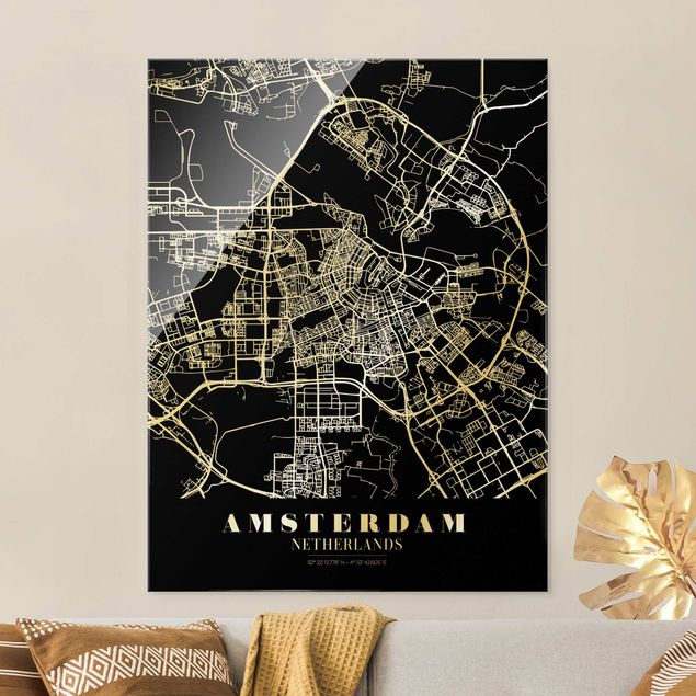 Glasbilleder sort og hvid Amsterdam City Map - Classic Black