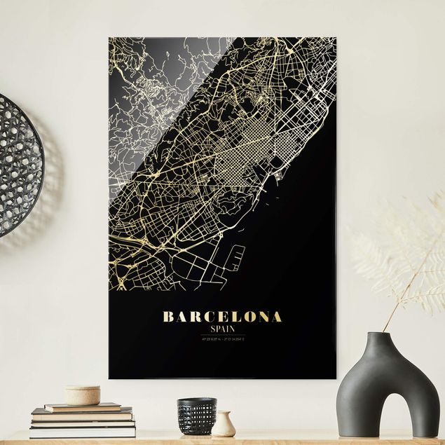 Glasbilleder arkitektur og skyline Barcelona City Map - Classic Black