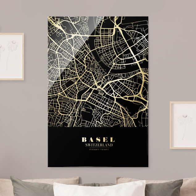 Glasbilleder sort og hvid Basel City Map - Classic Black