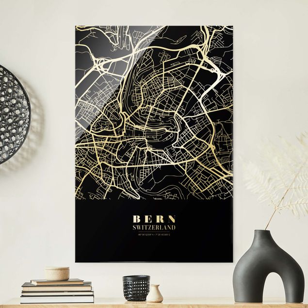 Glasbilleder sort og hvid Bern City Map - Classic Black