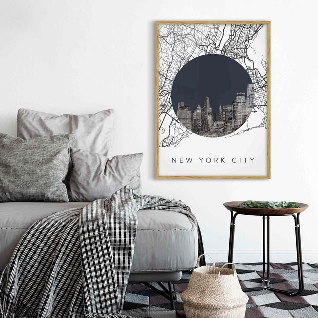 Indrammede plakater sort og hvid Map Collage New York City