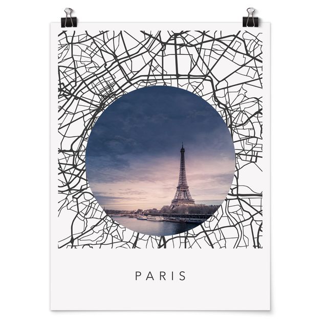 Plakater sort og hvid Map Collage Paris