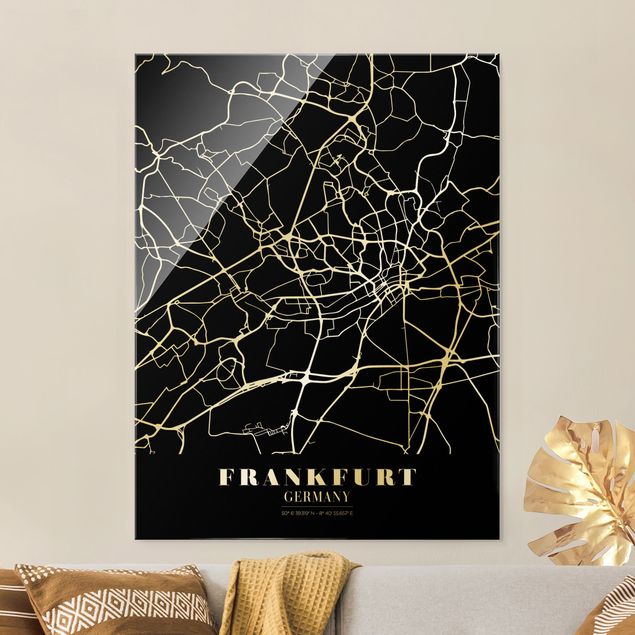 Glasbilleder sort og hvid Frankfurt City City Map - Classic Black