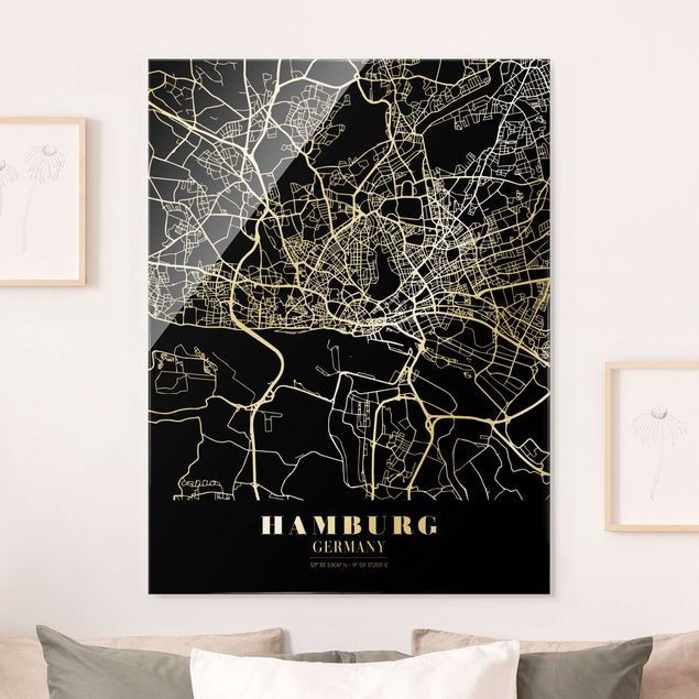 Glasbilleder Hamburg Hamburg City Map - Classic Black