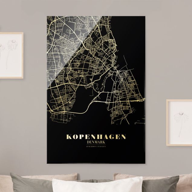 Glasbilleder sort og hvid Copenhagen City Map - Classic Black