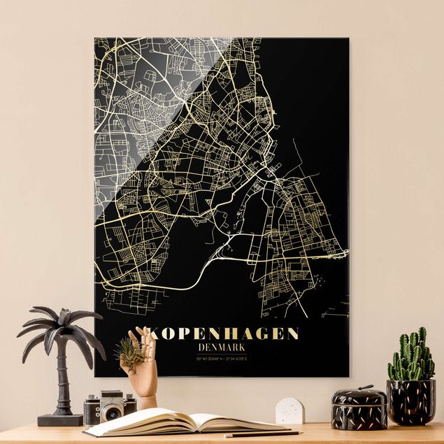 Glasbilleder sort og hvid Copenhagen City Map - Classic Black
