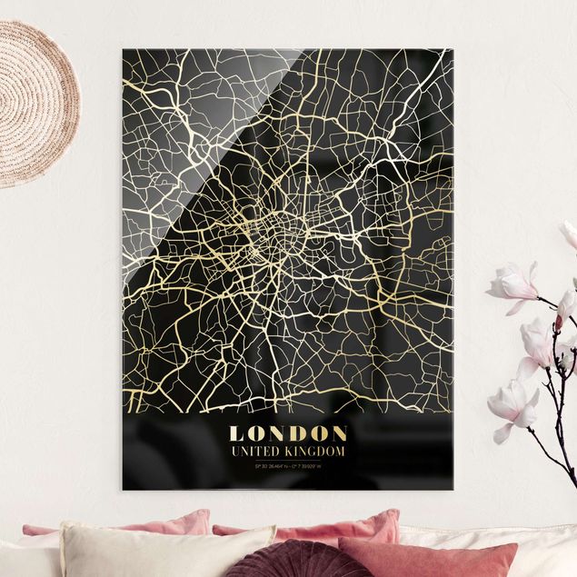 Glasbilleder London London City Map - Classic Black