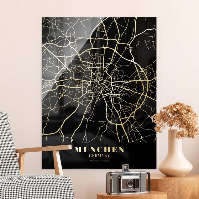 Glasbilleder arkitektur og skyline Munich City Map - Classic Black