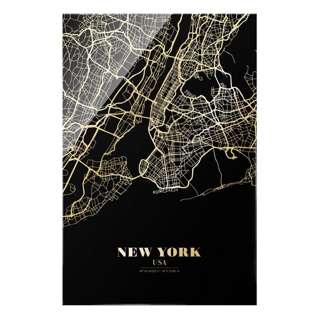Glasbilleder sort og hvid New York City Map - Classic Black