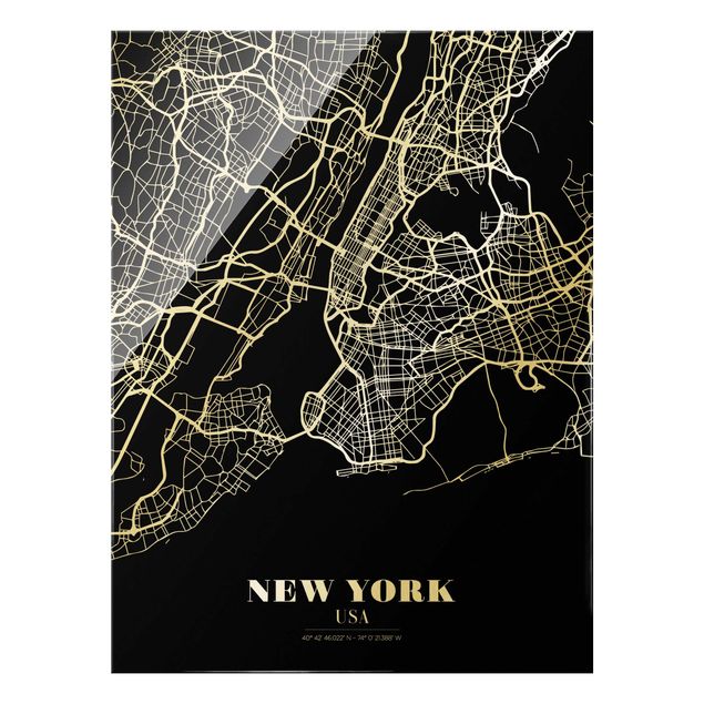 Glasbilleder sort og hvid New York City Map - Classic Black