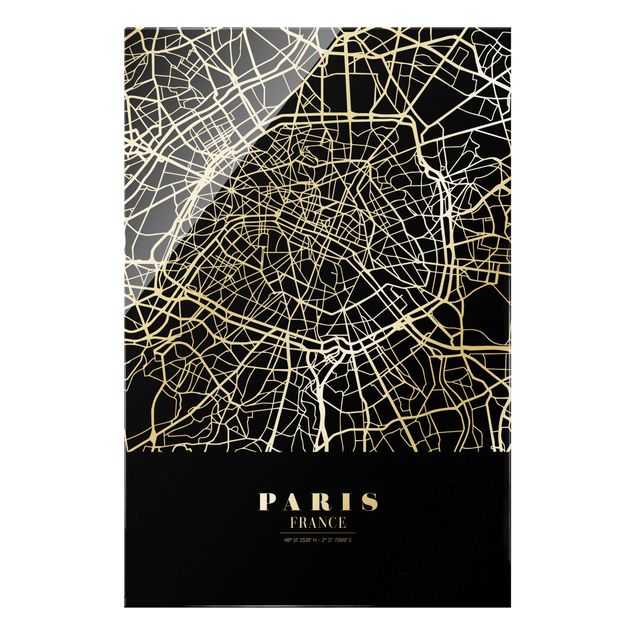 Glasbilleder sort og hvid Paris City Map - Classic Black