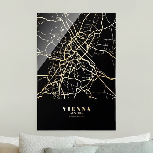 Glasbilleder sort og hvid Vienna City Map - Classic Black