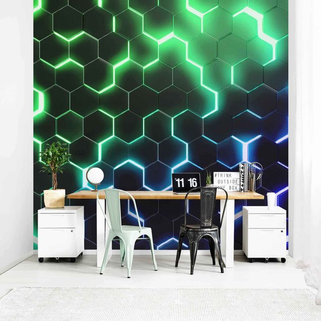 Tapet geometrisk Structured Hexagons With Neon Light In Green And Blue