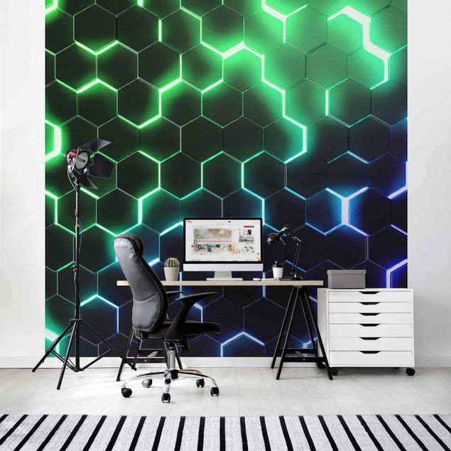 fototapet 3d Structured Hexagons With Neon Light In Green And Blue