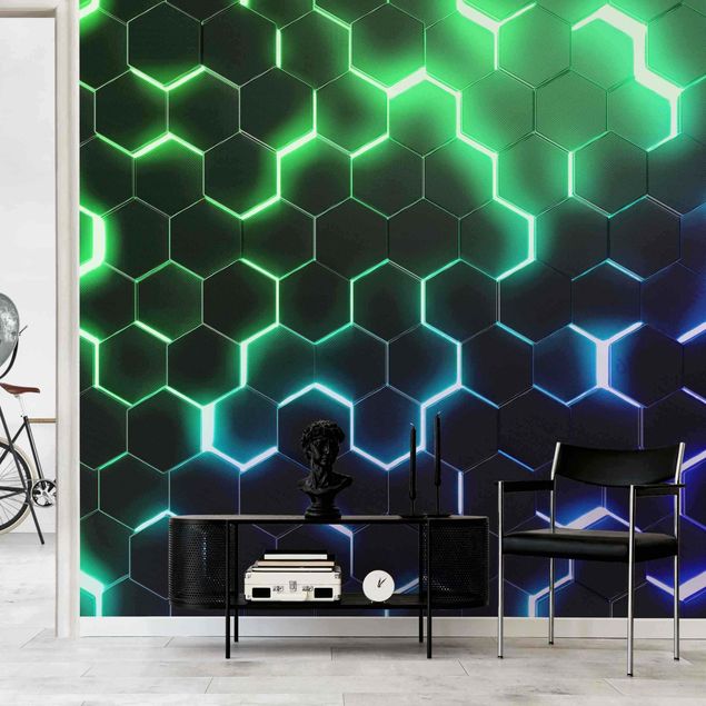 Tapet moderne Structured Hexagons With Neon Light In Green And Blue