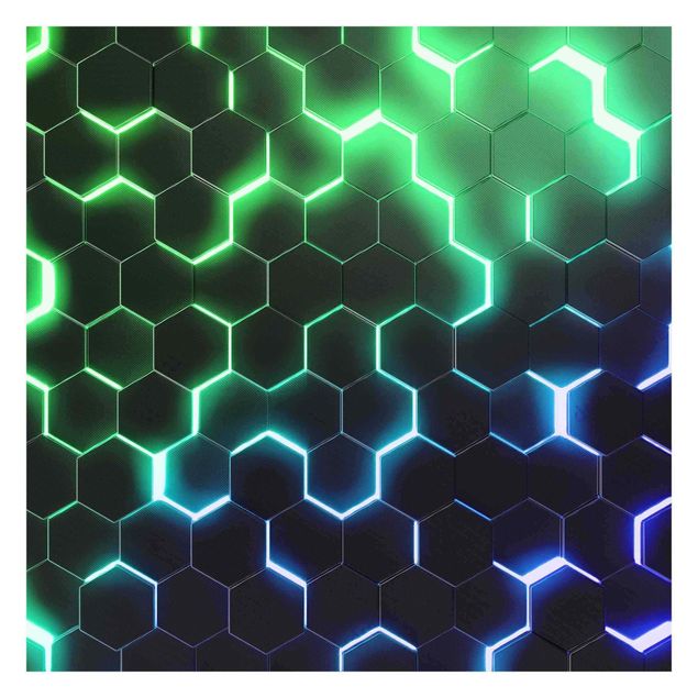 Tapet Structured Hexagons With Neon Light In Green And Blue