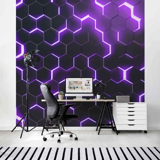 Geometrisk tapet Structured Hexagons With Neon Light In Purple