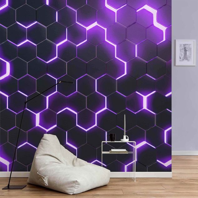 3d tapet Structured Hexagons With Neon Light In Purple