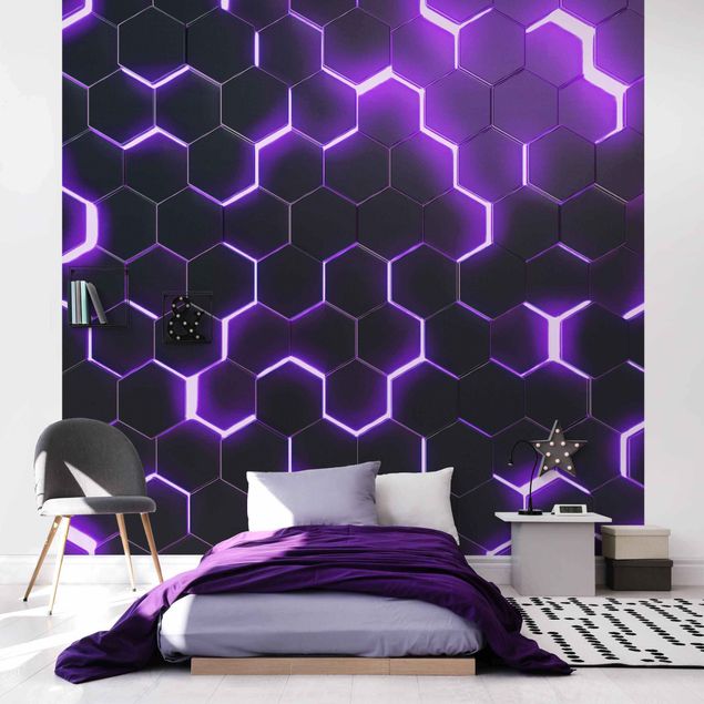 Mønstret tapeter Structured Hexagons With Neon Light In Purple