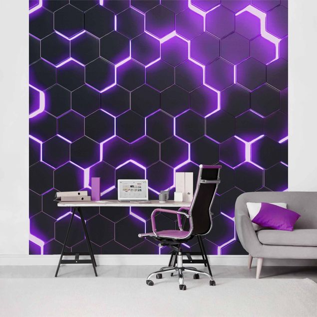 Moderne tapet Structured Hexagons With Neon Light In Purple