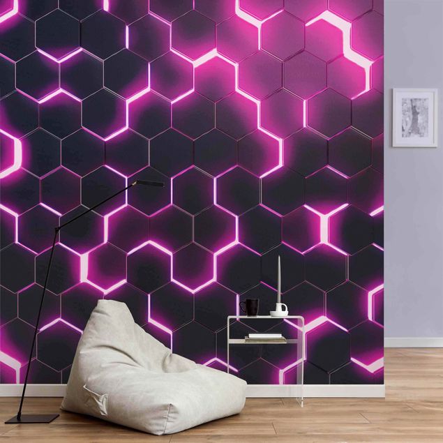 Geometrisk tapet Structured Hexagons With Neon Light In Pink