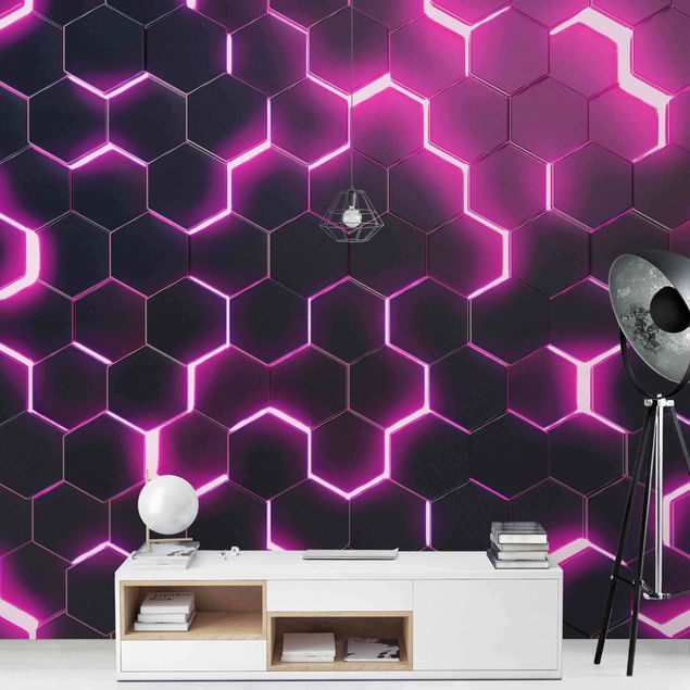 3d tapet Structured Hexagons With Neon Light In Pink