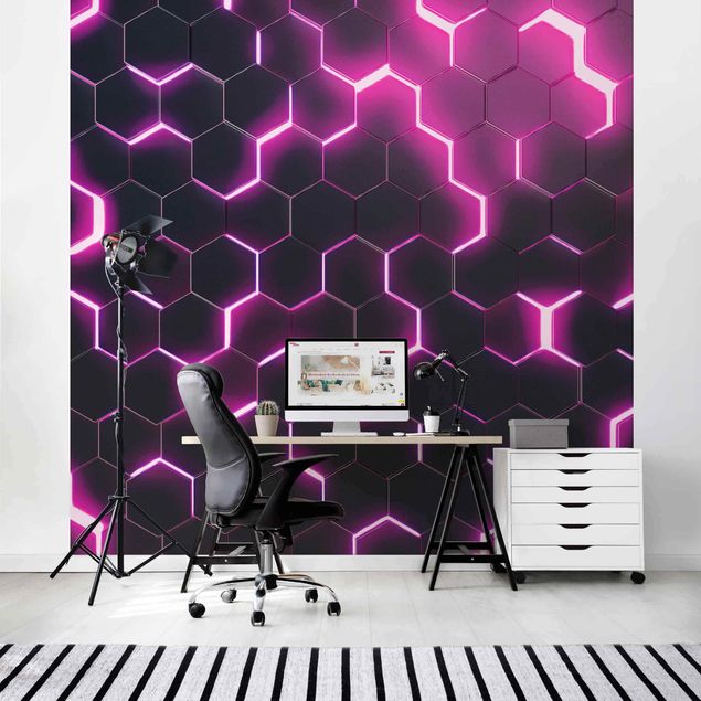 Tapet mønster Structured Hexagons With Neon Light In Pink