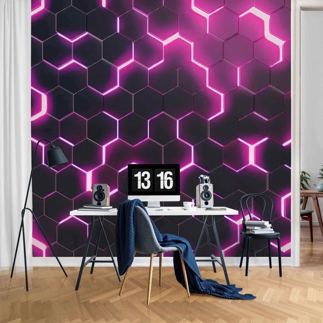 Moderne tapet Structured Hexagons With Neon Light In Pink