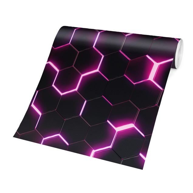 Fototapet sort Structured Hexagons With Neon Light In Pink