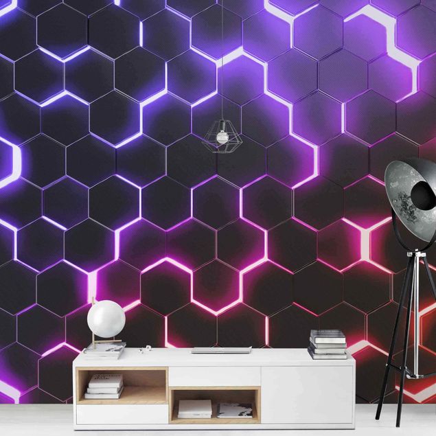 Tapet geometrisk Structured Hexagons With Neon Light In Pink And Purple