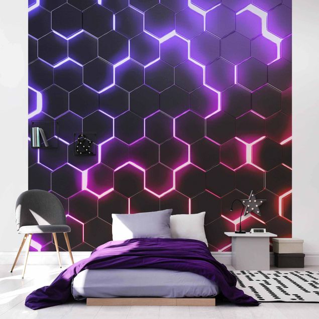 fototapet 3d Structured Hexagons With Neon Light In Pink And Purple