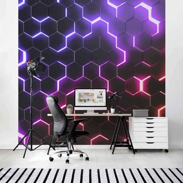 Tapet med mønster Structured Hexagons With Neon Light In Pink And Purple