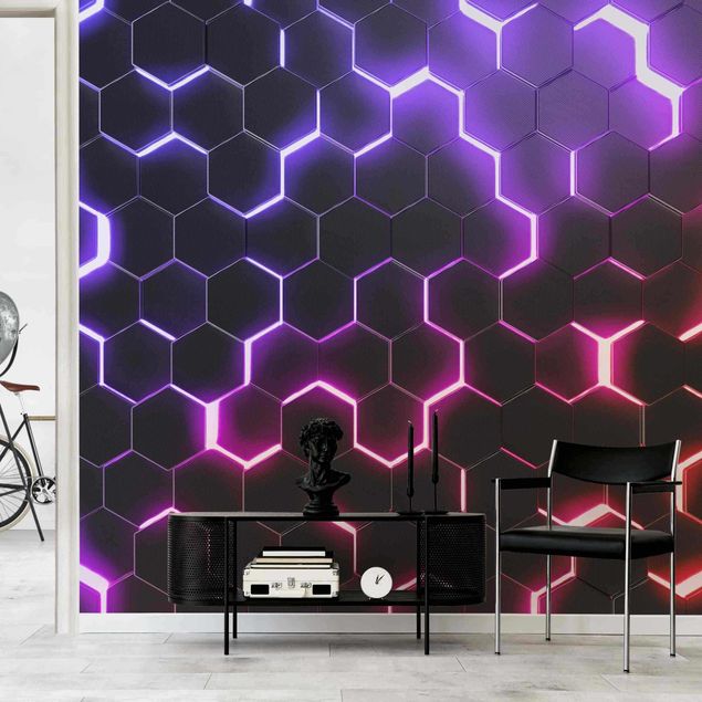 Tapet moderne Structured Hexagons With Neon Light In Pink And Purple