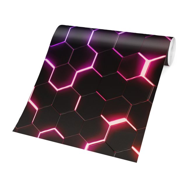Tapet sort Structured Hexagons With Neon Light In Pink And Purple