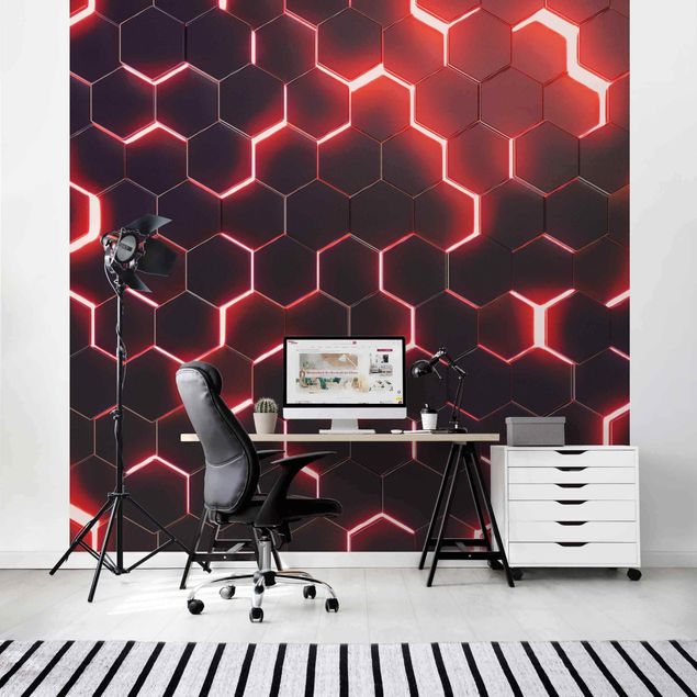 Geometrisk tapet Structured Hexagons With Neon Light In Red