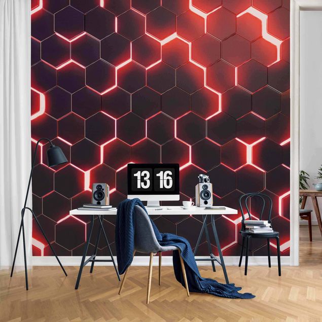 3d tapet Structured Hexagons With Neon Light In Red