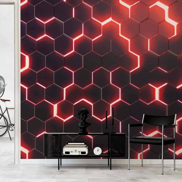Mønstret tapeter Structured Hexagons With Neon Light In Red