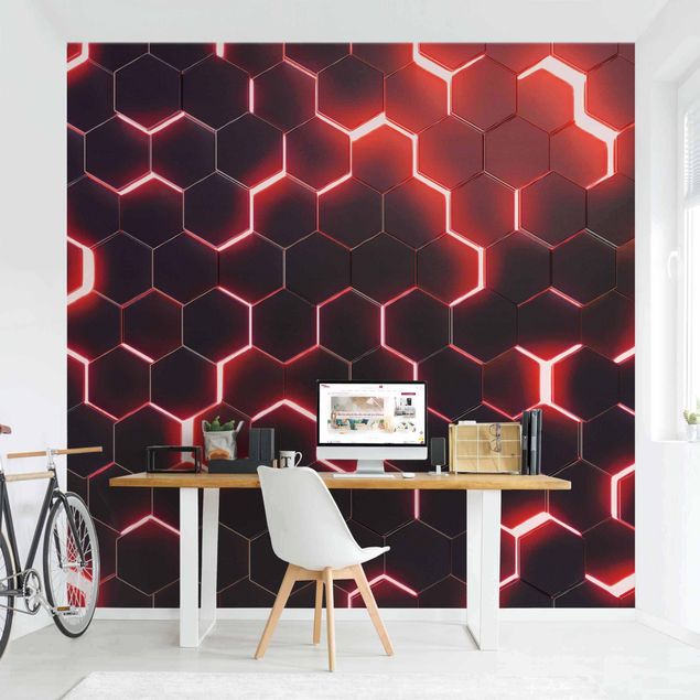 Moderne tapet Structured Hexagons With Neon Light In Red