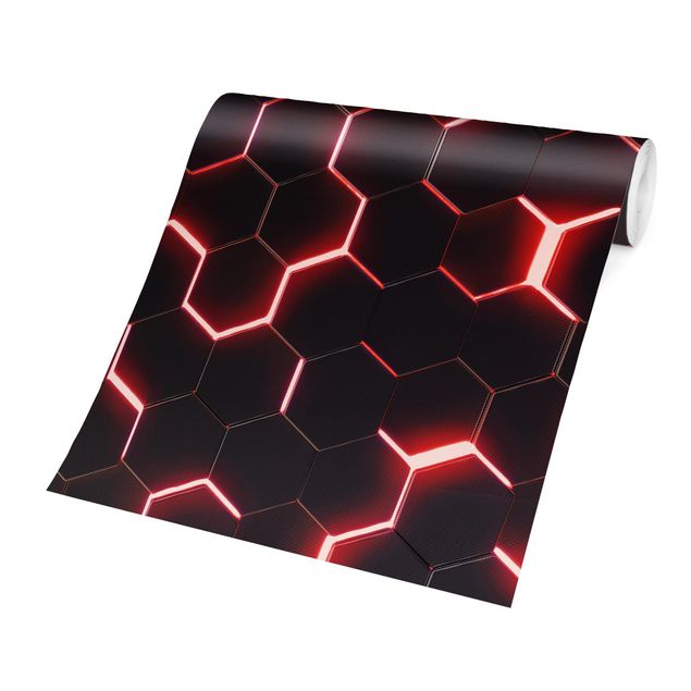 Sort tapet Structured Hexagons With Neon Light In Red