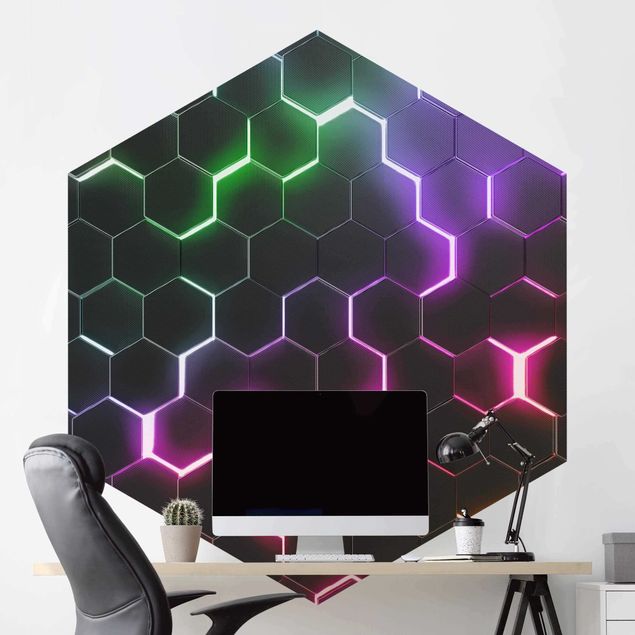3d tapet Hexagonal Pattern With Neon Light